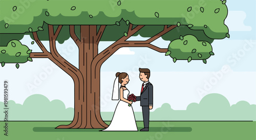 Flat illustration of a bride and groom standing under a large, leafy green tree