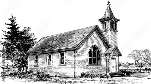 Monochrome sketch of a country church, with trees, and a cross-topped steeple