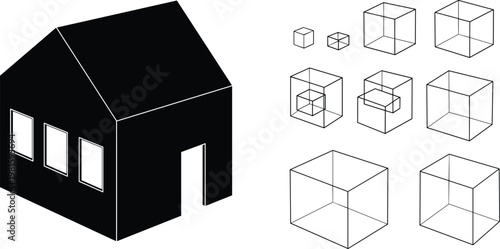 Abstract 3D house silhouette and geometric cube variations, symbolizing construction, space, volume, and architectural design principles.