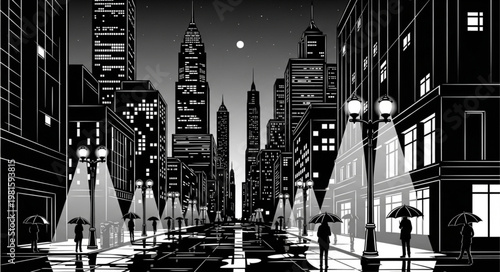 Monochromatic Cityscape - Silhouetted Figures in Urban Rain.
