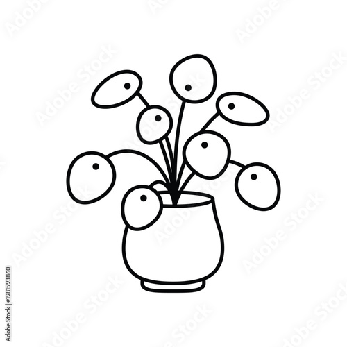 Pilea plant in pot minimalist line art icon