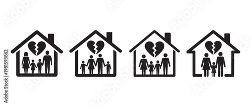 Broken Family Icon Set. Illustrating Divorce, Separation, and Domestic Problems Within a Home.