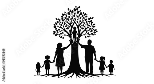 Diverse family united around a flourishing tree, symbolizing growth and connection.