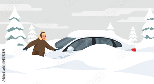 A man in winter gear looks worried as his car is buried in deep snow in a forest