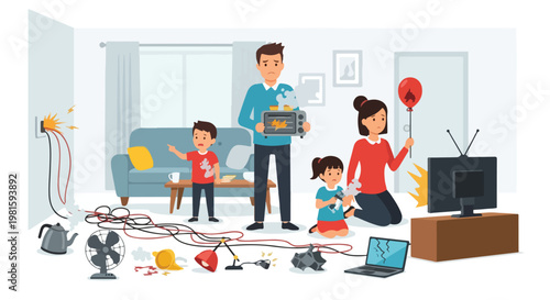 Sad family in living room facing multiple electrical hazards and home accidents