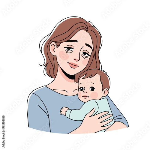 Portrait of a tired woman holding a baby with dark circles under her heavy eyes