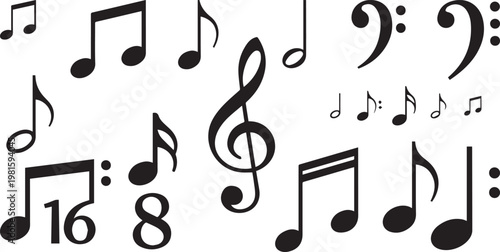 Black musical notes and symbols collection, classic music notation vector set, elegant treble and bass clef icons for song composition isolated PNG with Transparent Background