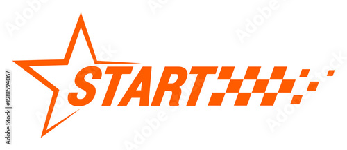 Konstfotografi Motorsport start badge in bold italic style, orange start text with star outline and checkered flag pattern, racing theme for decals, stickers, car branding, sports graphics