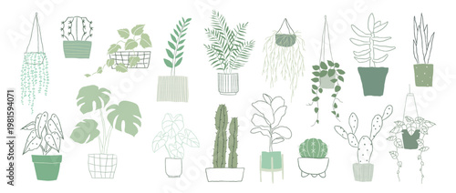 Illustration of various potted plants, featuring cacti, hanging plants, and leafy greens. Potted plants in different styles, showcasing diverse plant types. Home decor vector set.