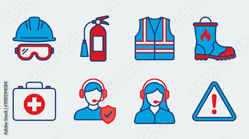 Modern workplace safety icons, vector style, protective equipment, hazard warning, emergency tools, clear design for compliance and awareness.