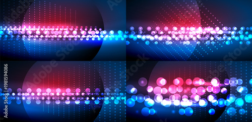 Abstract background displays vibrant lights, circles, dots. Dark backdrop enhances glowing effects, creating dynamic visuals.