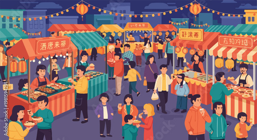Vibrant night market with people eating street food under glowing paper lanterns