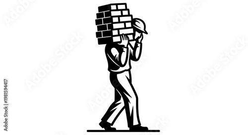 Monochrome depiction of a construction worker carrying bricks on his shoulder.