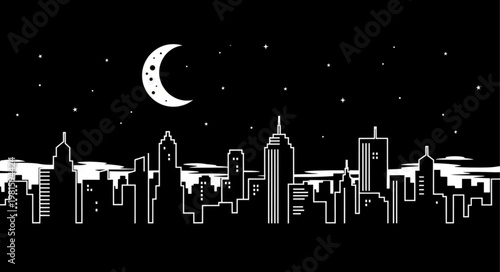 Monochrome Cityscape Silhouette under a Crescent Moon and Stars.