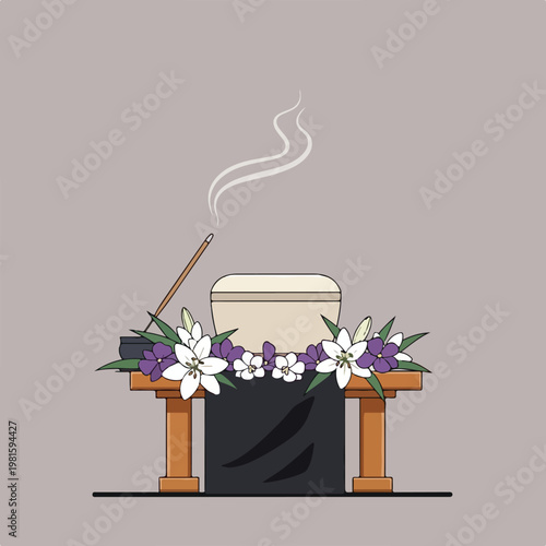 Funeral memorial altar with the cremation urn, white lilies and smoking incense