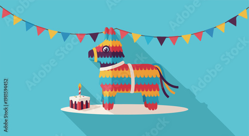Colorful donkey piñata graphic with birthday cake and flags on blue background