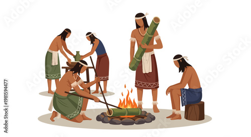 Indigenous tribe members cook traditional food over campfire using bamboo tubes