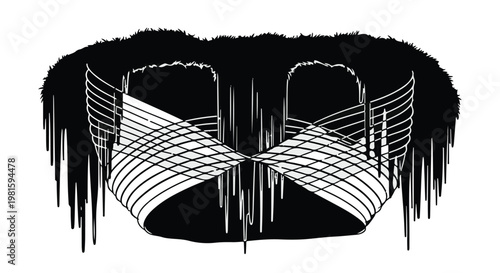 black and white illustration of blinded woman with tied eyes