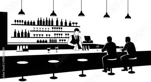 Monochrome illustration of a bartender serving customers at a bar.