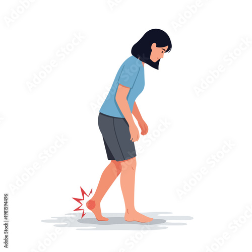 Young woman looking down at her injured heel showing pain with a red flash icon
