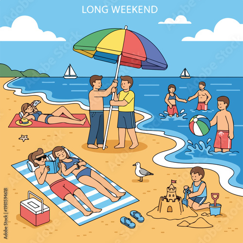 People enjoying various summer activities on a sunny beach during a long weekend