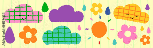 Colorful cartoon clouds and flowers with smiling faces, vibrant sun, and raindrops. Playful clouds and flowers in bright, cheerful colors on a lined background. Cute element vector set.