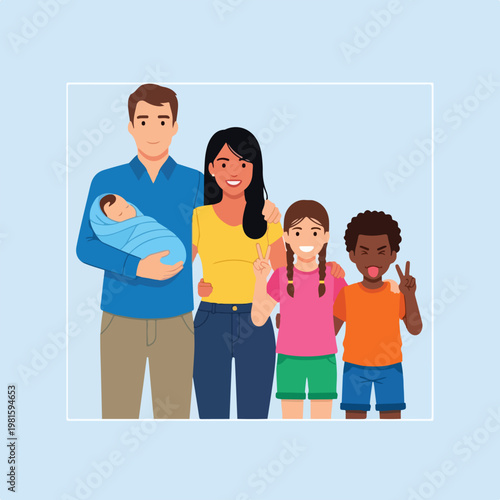 A diverse happy family portrait with baby, mother, father and two young children
