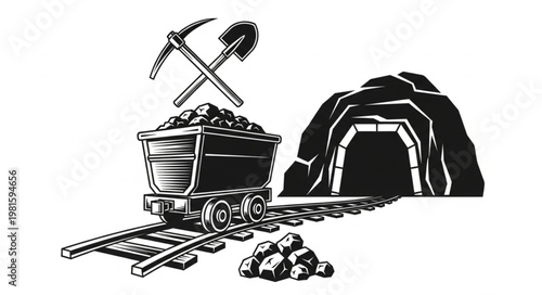 Monochrome Illustration of a Coal Mine with Cart and Tools.