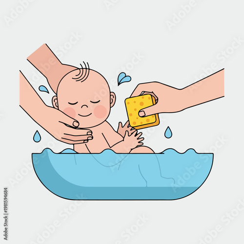 Illustration of adult hands washing a baby in a blue bathtub with a sponge