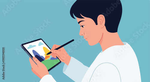 A focused young man drawing a colorful landscape on a digital tablet with stylus