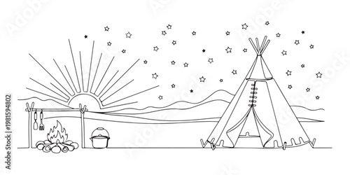 Continuous line art panorama of outdoor camping with teepee tent and campfire.