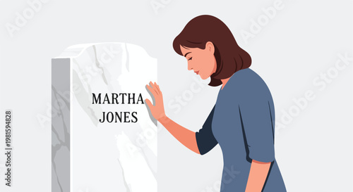 Woman grieving at a white marble gravestone with her hand touching the surface