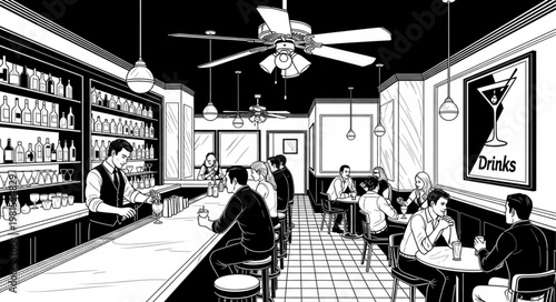 Monochrome Illustration of People Enjoying Drinks at a Bar.