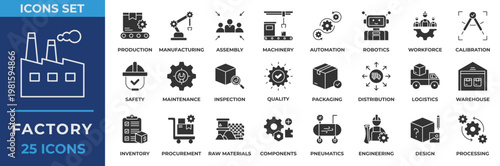 Factory Icon Set Collection. Containing factory, production, manufacturing, assembly, machinery, automation, robotics, workforce, calibration, safety and maintenance. Solid Icon Vector Illustration.