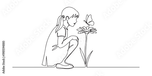 Symbolic nature exploration vector with kid watching butterfly in garden.