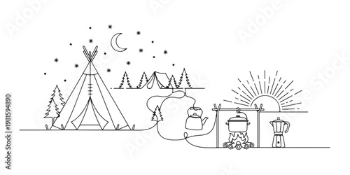 Continuous line art panorama of outdoor camping with teepee tent and campfire.