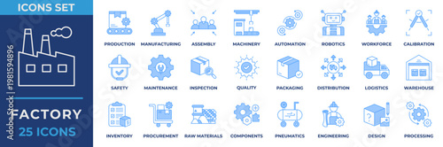 Factory Icon Set Collection. Containing factory, production, manufacturing, assembly, machinery, automation, robotics, workforce, calibration, safety and maintenance. Blue Icon Vector Illustration.