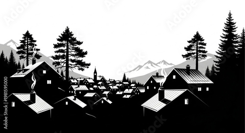Monochrome Village Scene with Mountains and Evergreen Trees.