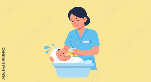 Nurse in blue scrubs bathing a newborn baby in a small tub with a yellow sponge