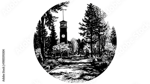 Black and white illustration of a clock tower in a park, framed by trees