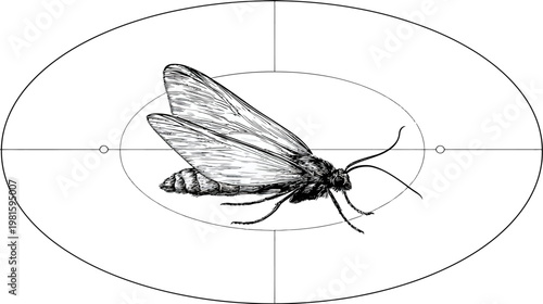 Detailed black and white moth illustration in a nested oval design