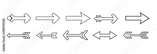 Assortment of ten diverse arrow outline icons, pointing left and right, on a white background