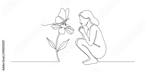 Symbolic nature exploration vector with kid watching butterfly in garden.