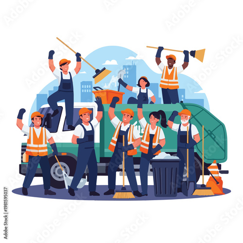 Group of diverse sanitation workers in orange vests cheering with cleaning tools