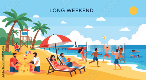 Flat vector scene of people enjoying a sunny tropical beach during summer break