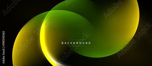 Abstract fluid shapes overlap, creating vibrant yellow, green gradients. Dark background emphasizes flowing design, modern aesthetic.