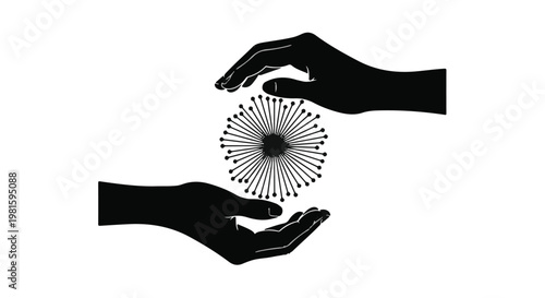 Two hands gently cradling a radiant, abstract burst of light, symbolizing care and creation.