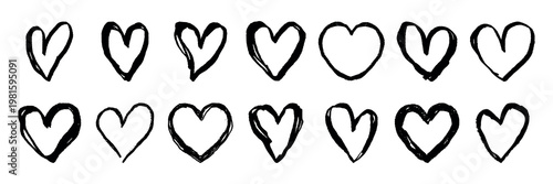 A collection of hand-drawn black heart outlines in various styles. These heart outlines are sketched in black, showcasing different artistic styles and heart shapes. Valentine's element vector set.
