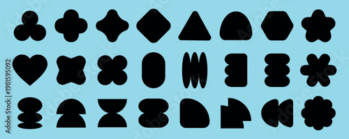 A collection of black abstract shapes on a light blue background. Various geometric forms like circles, triangles, and squares are displayed in silhouette. Element vector collection.