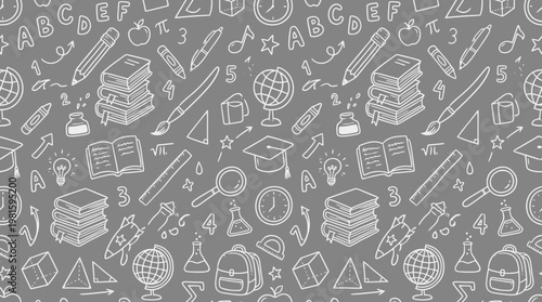 Seamless educational school doodle pattern with white icons.